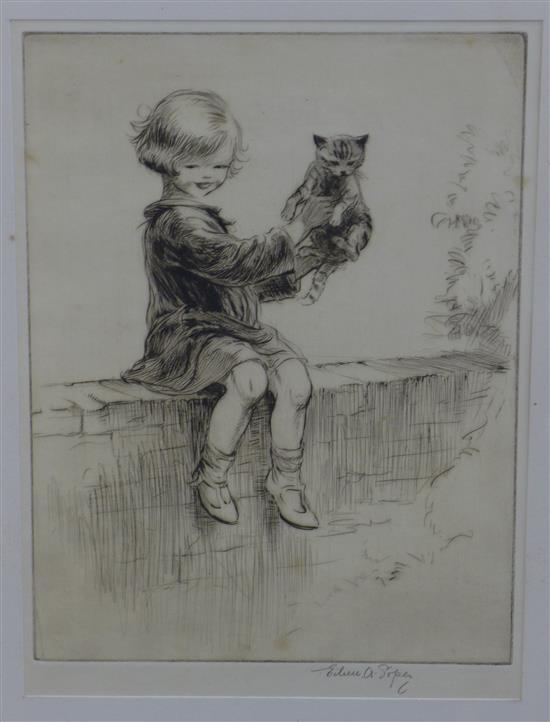 Eileen A.Soper (1905-1990) Girl with a cat Felix seated upon a wall, 8.75 x 6.75in.